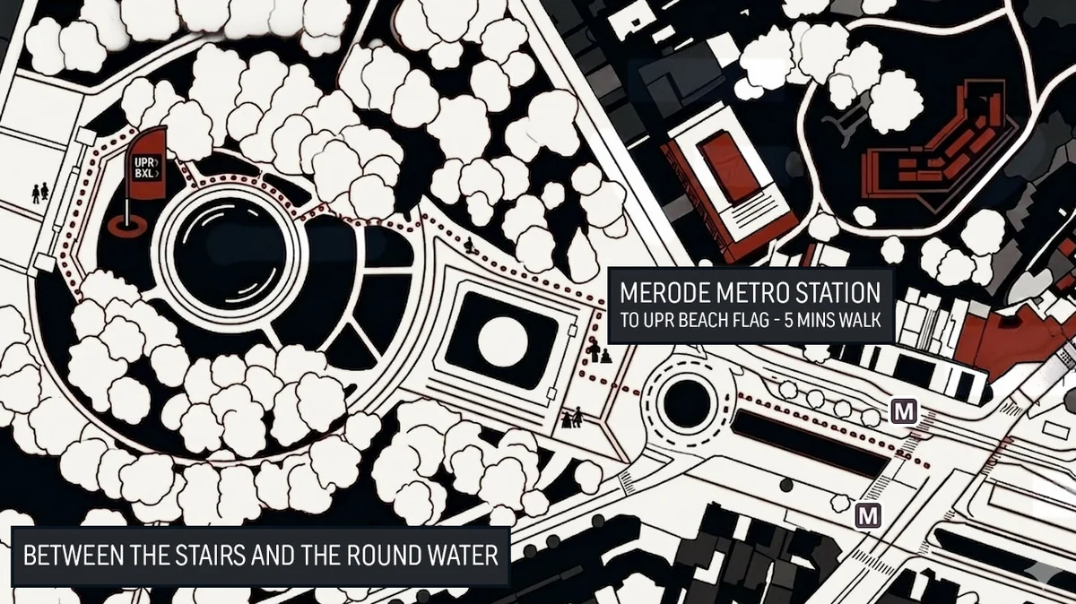 Map of the meeting point in Parc du Cinquantenaire, between the stairs and the round water